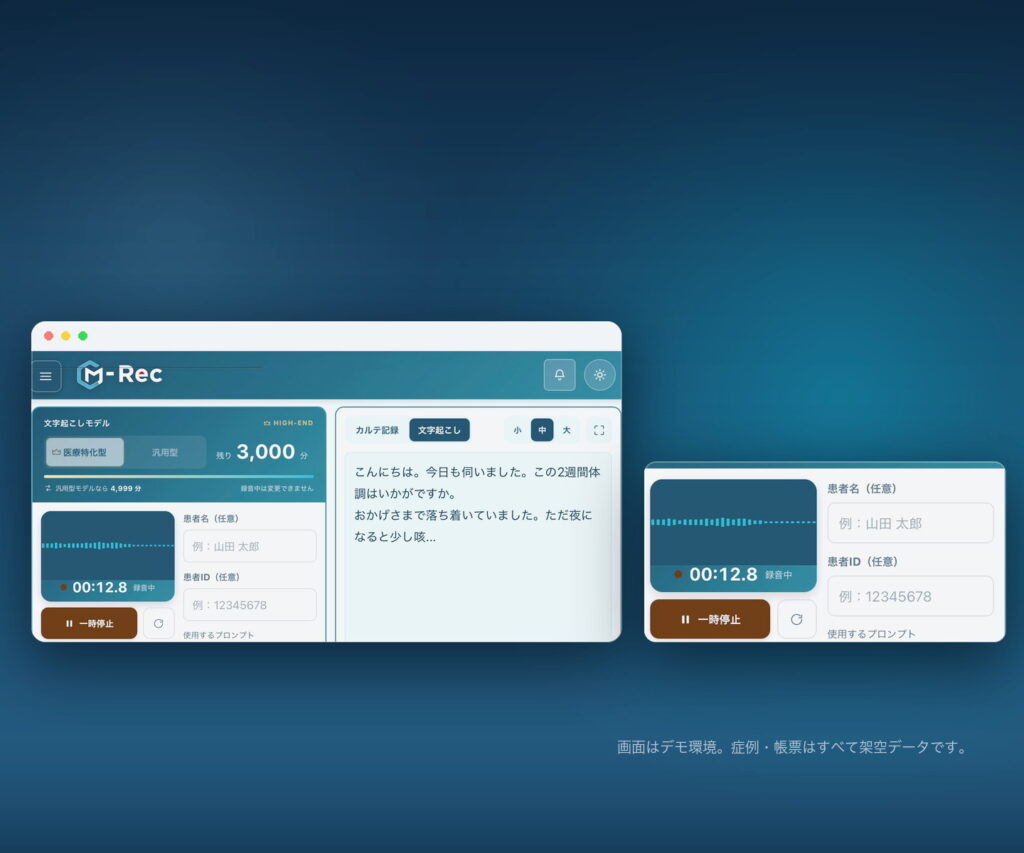 The M-Rec screen during recording, showing a transcript of the conversation (demo environment, fictional conversation)