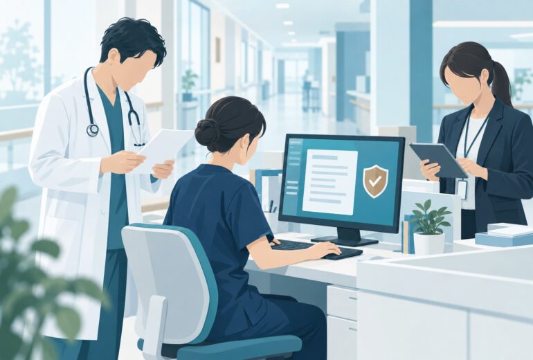 医療機関のAI活用と患者情報の安全管理を表したイメージ