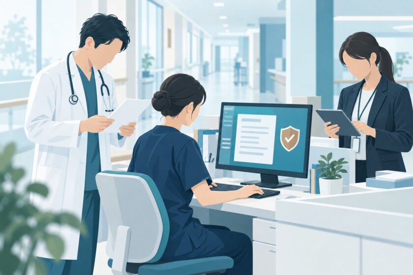 医療機関のAI活用と患者情報の安全管理を表したイメージ